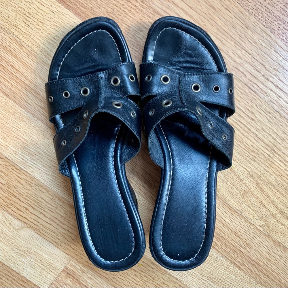 Black leather wedges